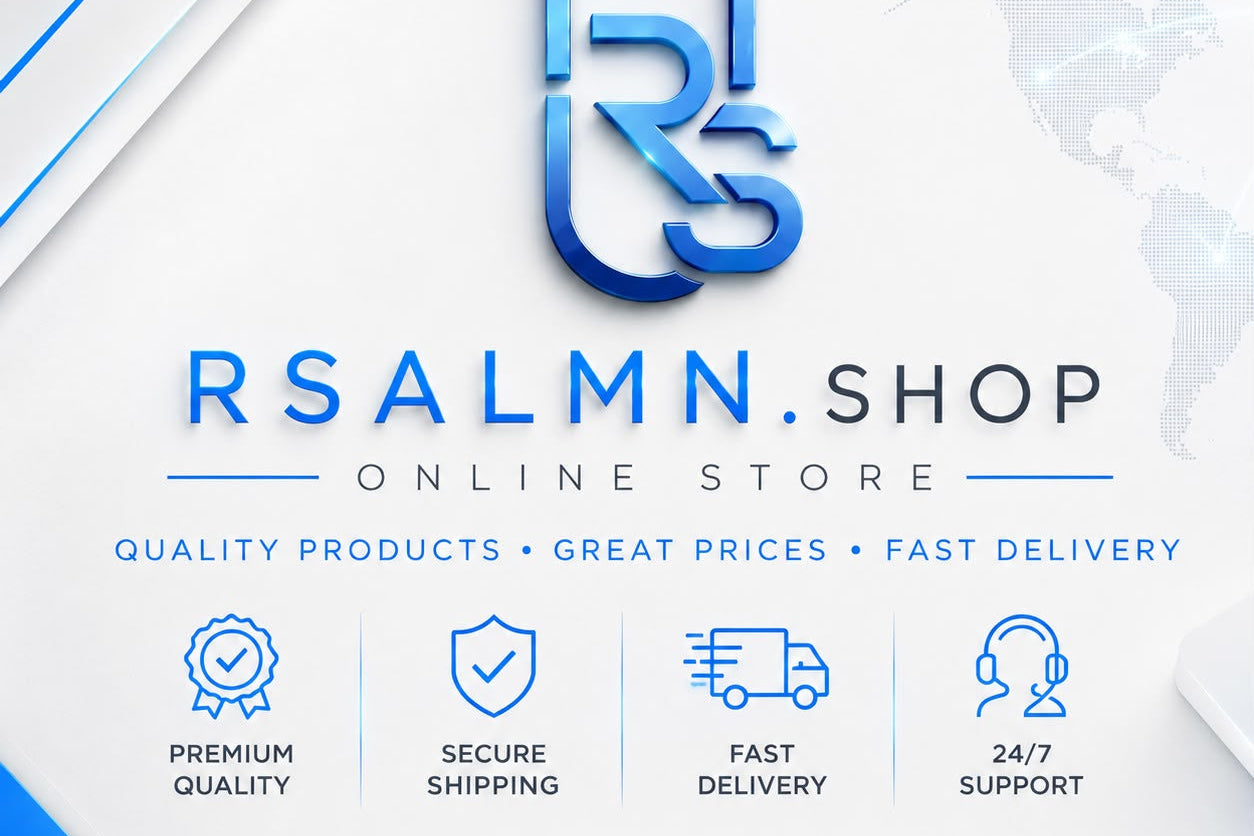 Promotional graphic for RSALMN.SHOP online store, featuring a blue stylized lock-and-shield logo, the text 'RSALMN.